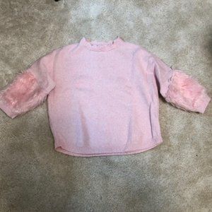 pink fuzzy knitted sweater with puffy sleeves!
